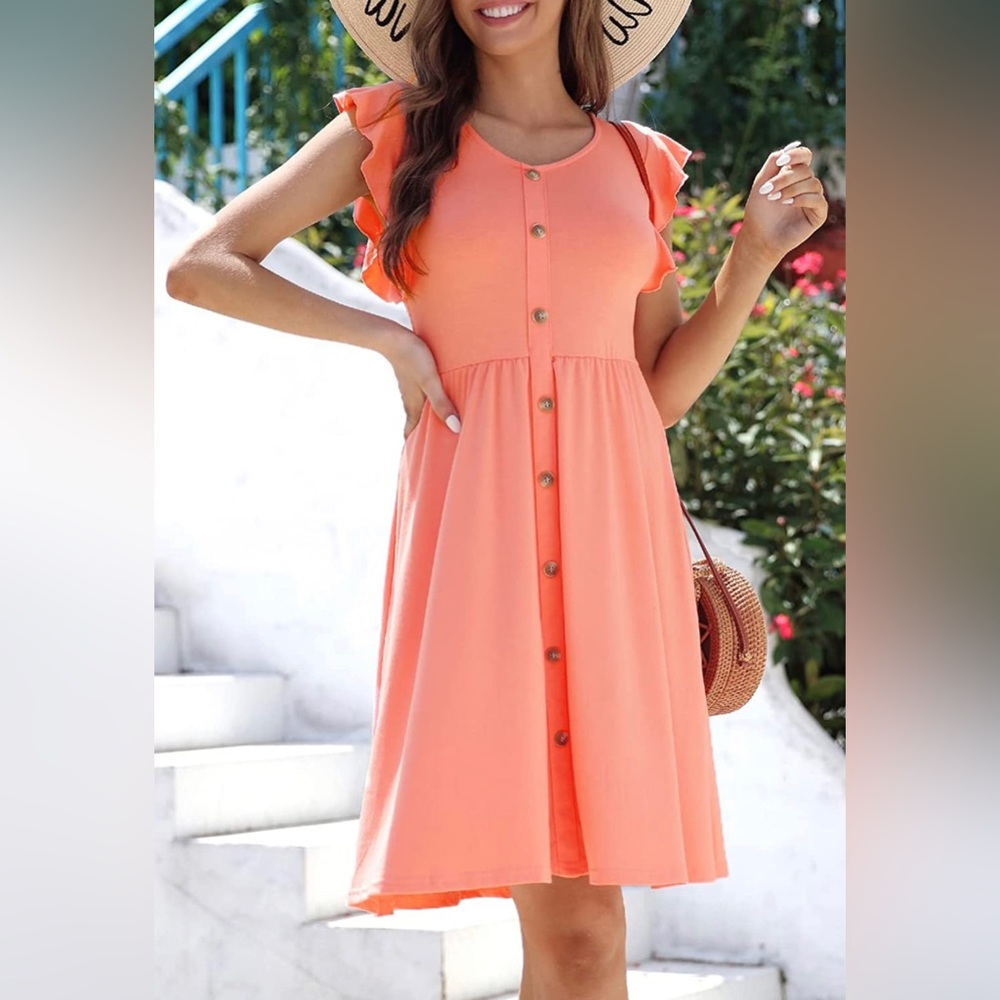 Lamilus Women's Casual Summer Ruffle Sleeve V-Neck Button Down A-Line Dress